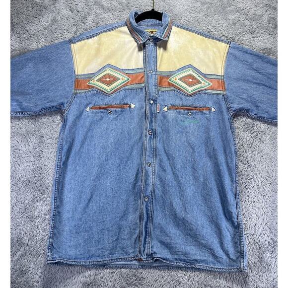 Shooter Vintage Shirt Mens Small Denim Aztec Pearl Snap Western READ - Picture 1 of 14